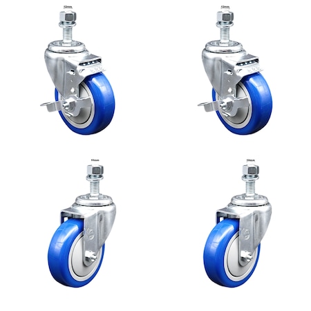 Service Caster 4 Inch SS Blue Polyurethane Swivel 12mm Threaded Stem Caster Brakes, 2PK SSTS20S414-PPUB-BLUE-TLB-M1215-2-S-2